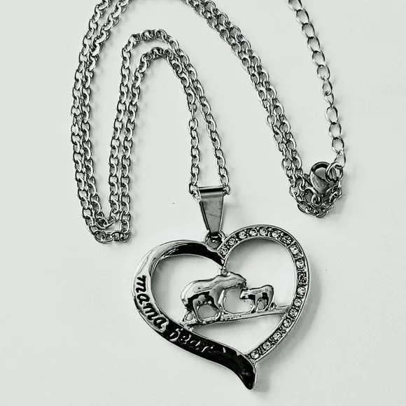 Mother's Day Gift - Mama Bear Rhinestone Silver tone Heart Charm Necklace - NWT - Picture 3 of 10